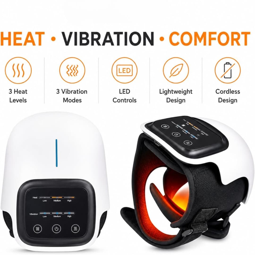 Front and inside view of the Welnexx Knee Wrap with 3 heat levels and 3 vibration modes