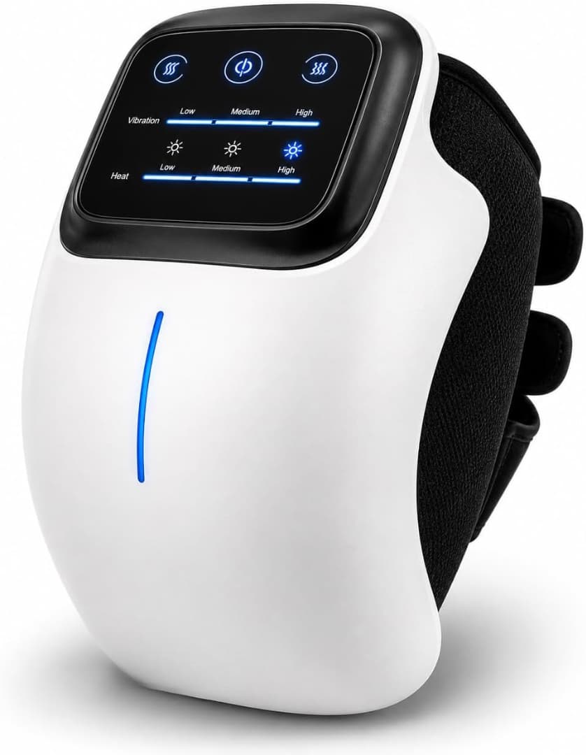 Welnexx Knee Wrap, white heated knee massager with touch control panel and black strap