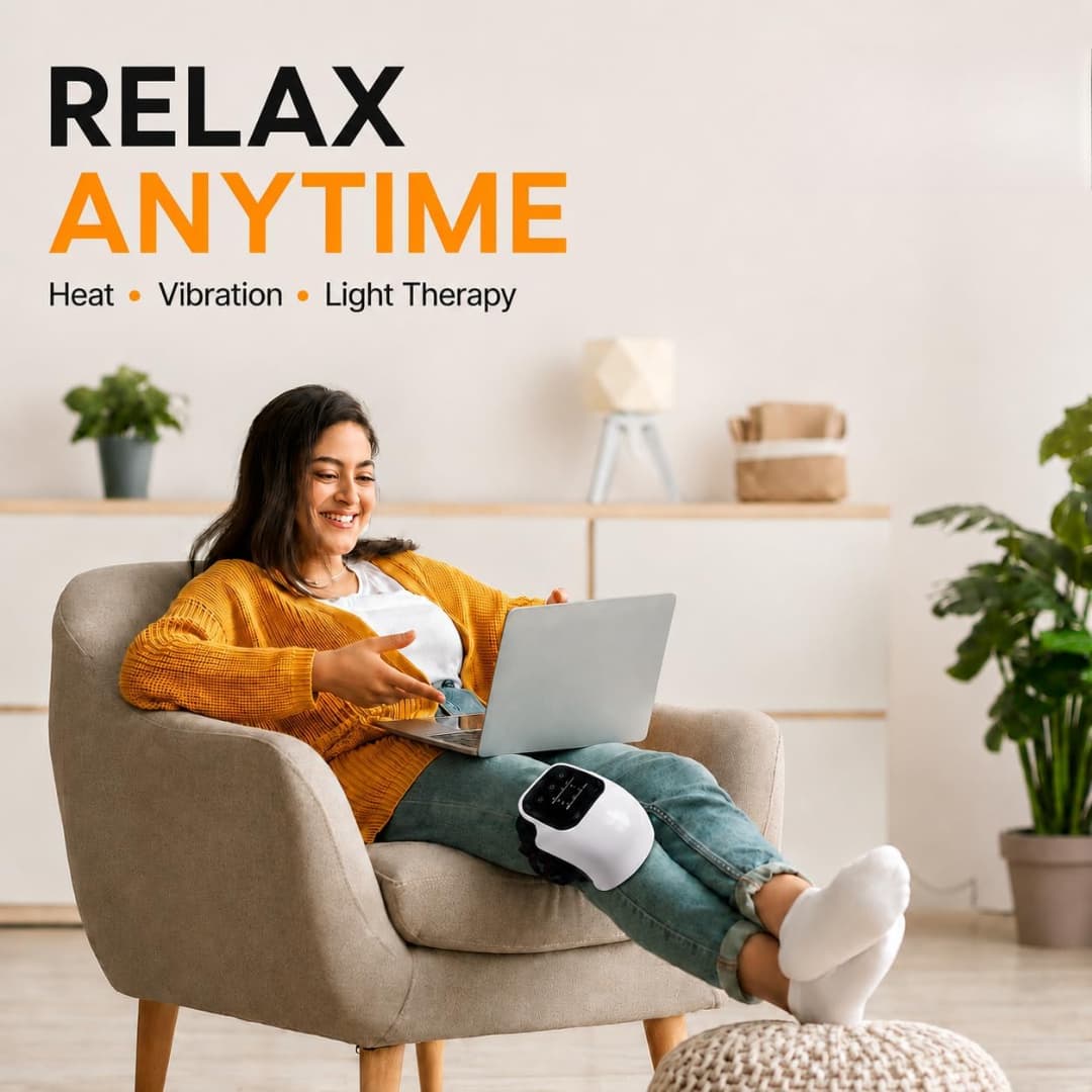 Woman wearing the Welnexx Knee Wrap in an armchair while working on a laptop