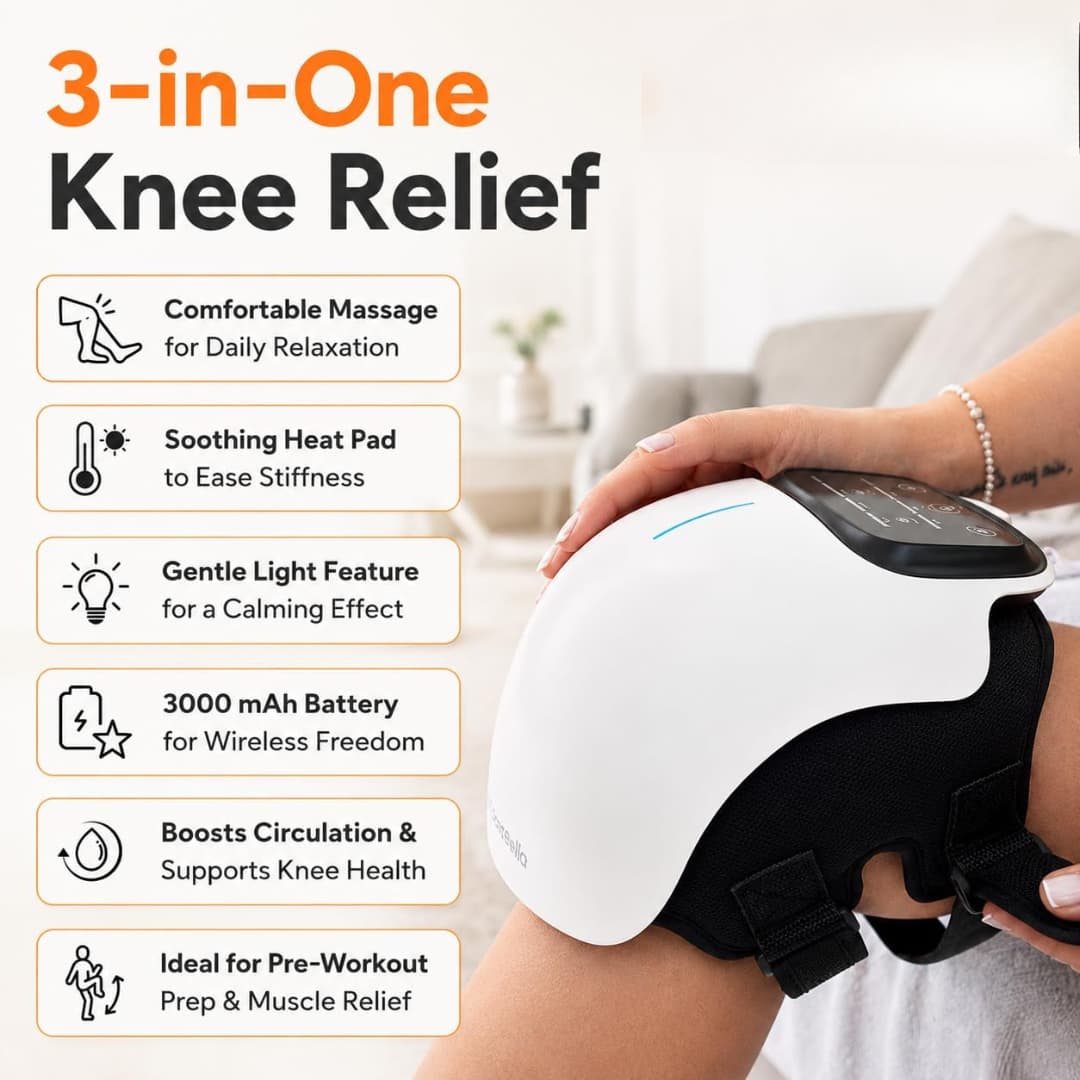 Welnexx Knee Wrap worn on a knee, with a list of its features