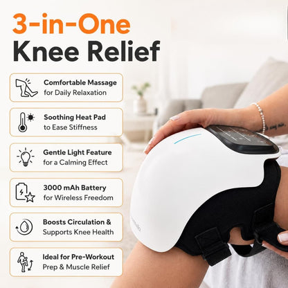 Welnexx Knee Wrap worn on a knee, with a list of its features